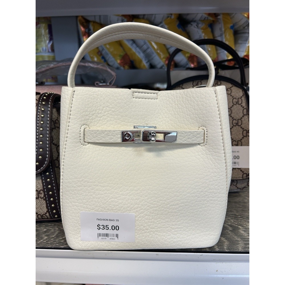 White Pebbled Faux Leather Rectangle Top Handle Satchel Silver Buckle Closure